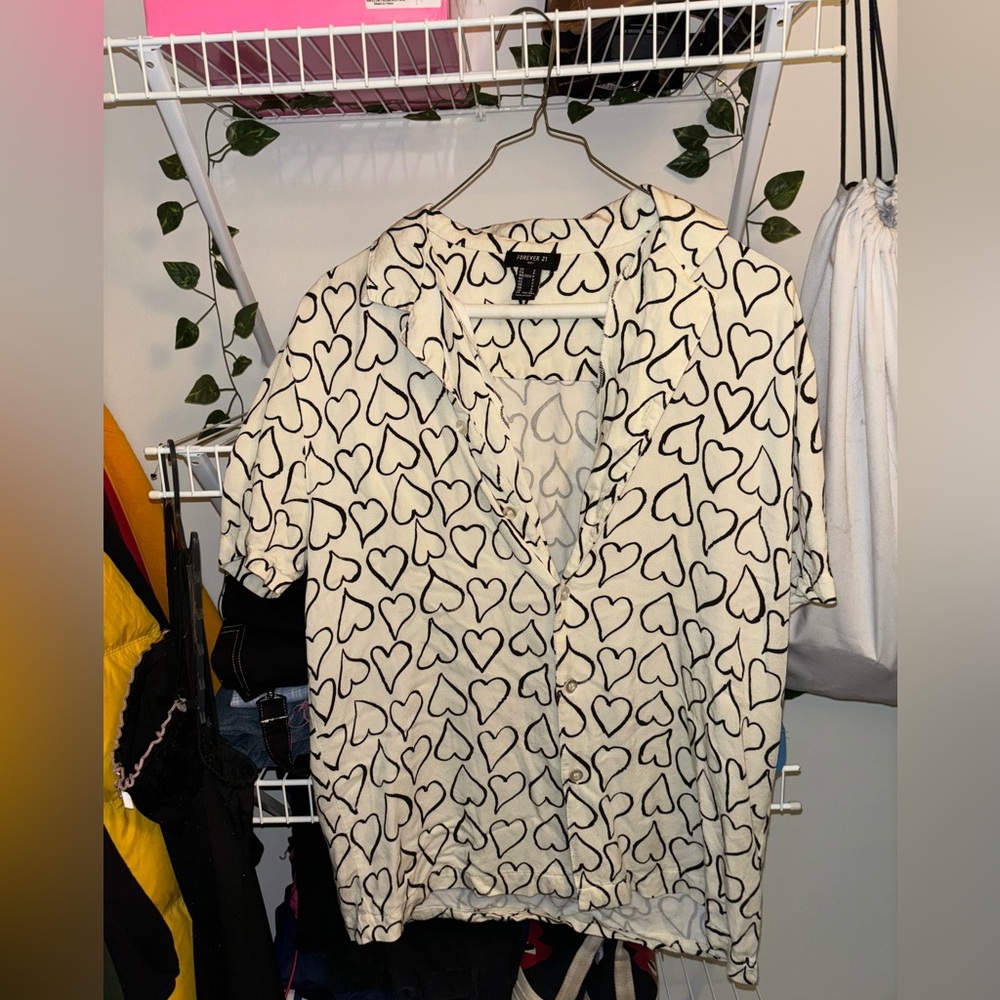 Heart Print Short Sleeve Button Up